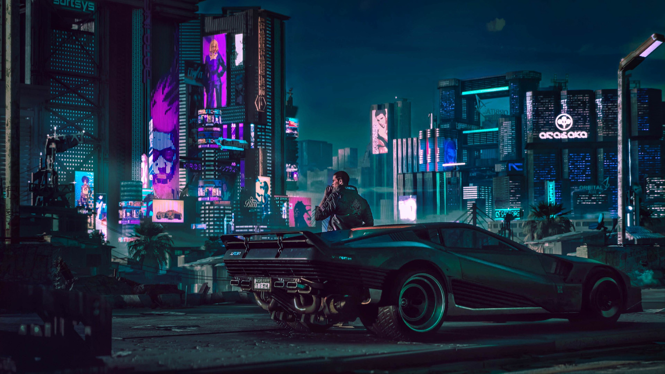 Download wallpaper 1366x768 cyberpunk, game, city shot, car, tablet,  laptop, 1366x768 hd background, 27668