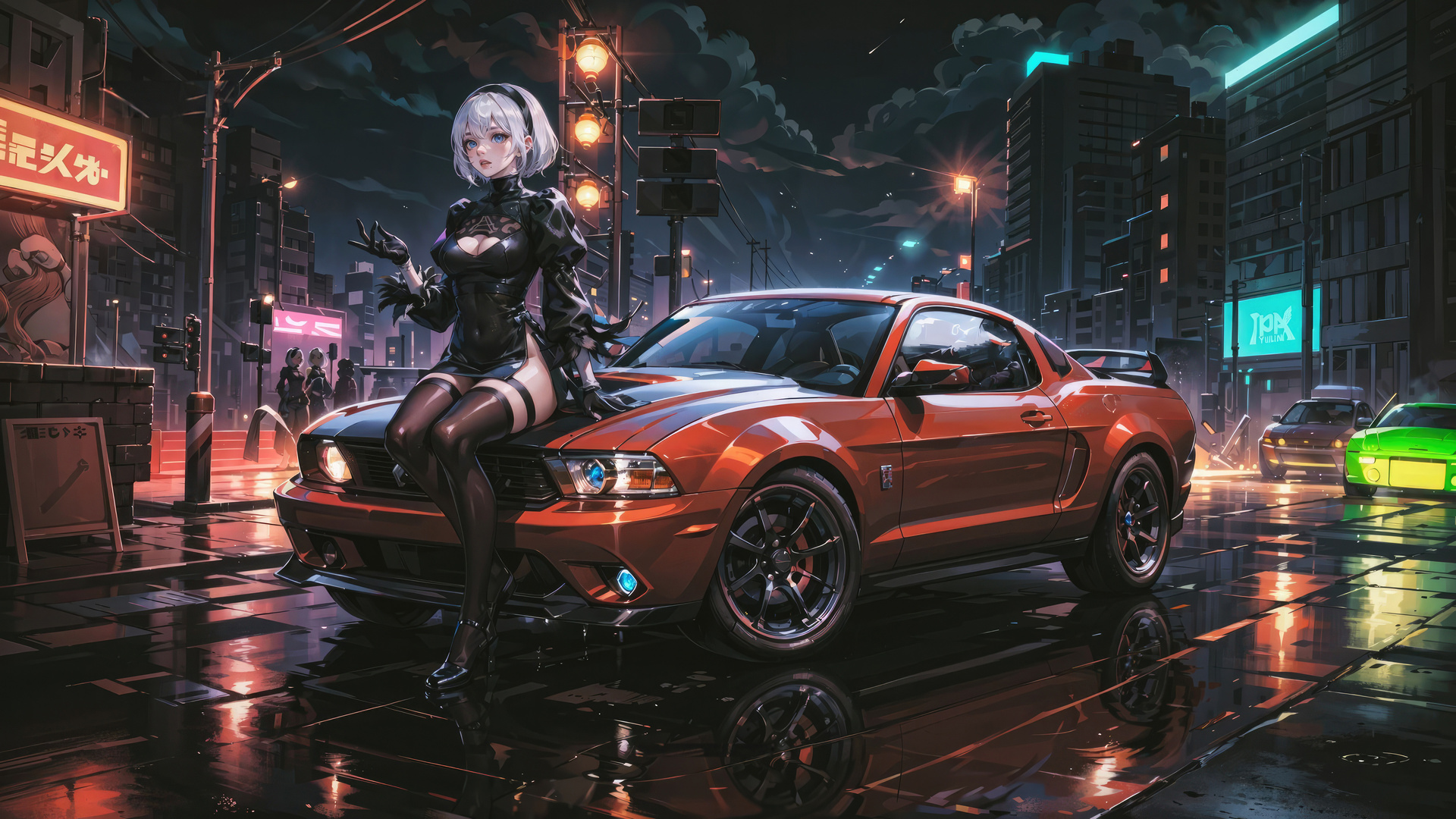 1920x1080 2b Nier Automata And Her Mercedes In The Neon Cityscape ...