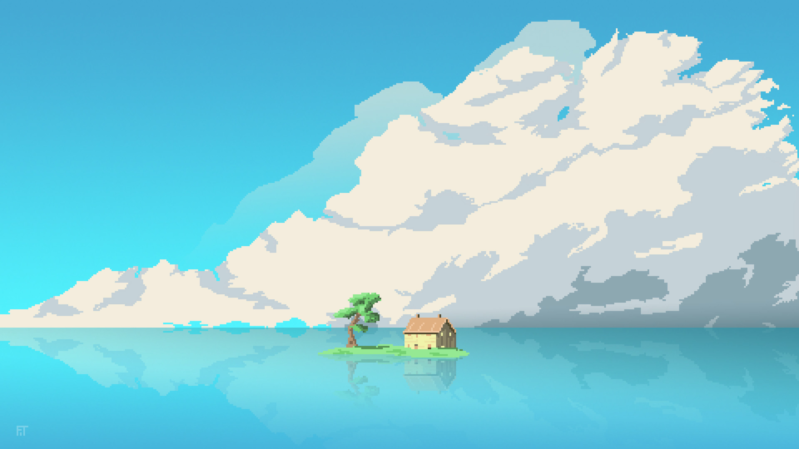 8 Bit Artwork House Island In Middle Of Water In 2560x1440 Resolution. 