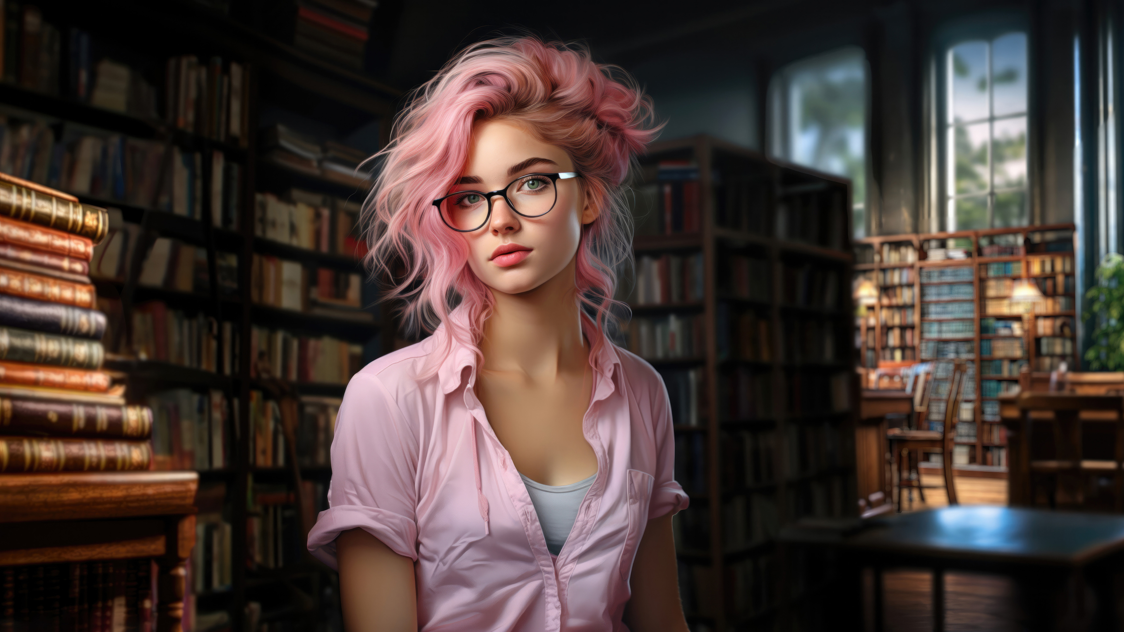 3840x2160 A Pink Haired Girl With Glasses In The Library 4K ,HD 4k ...