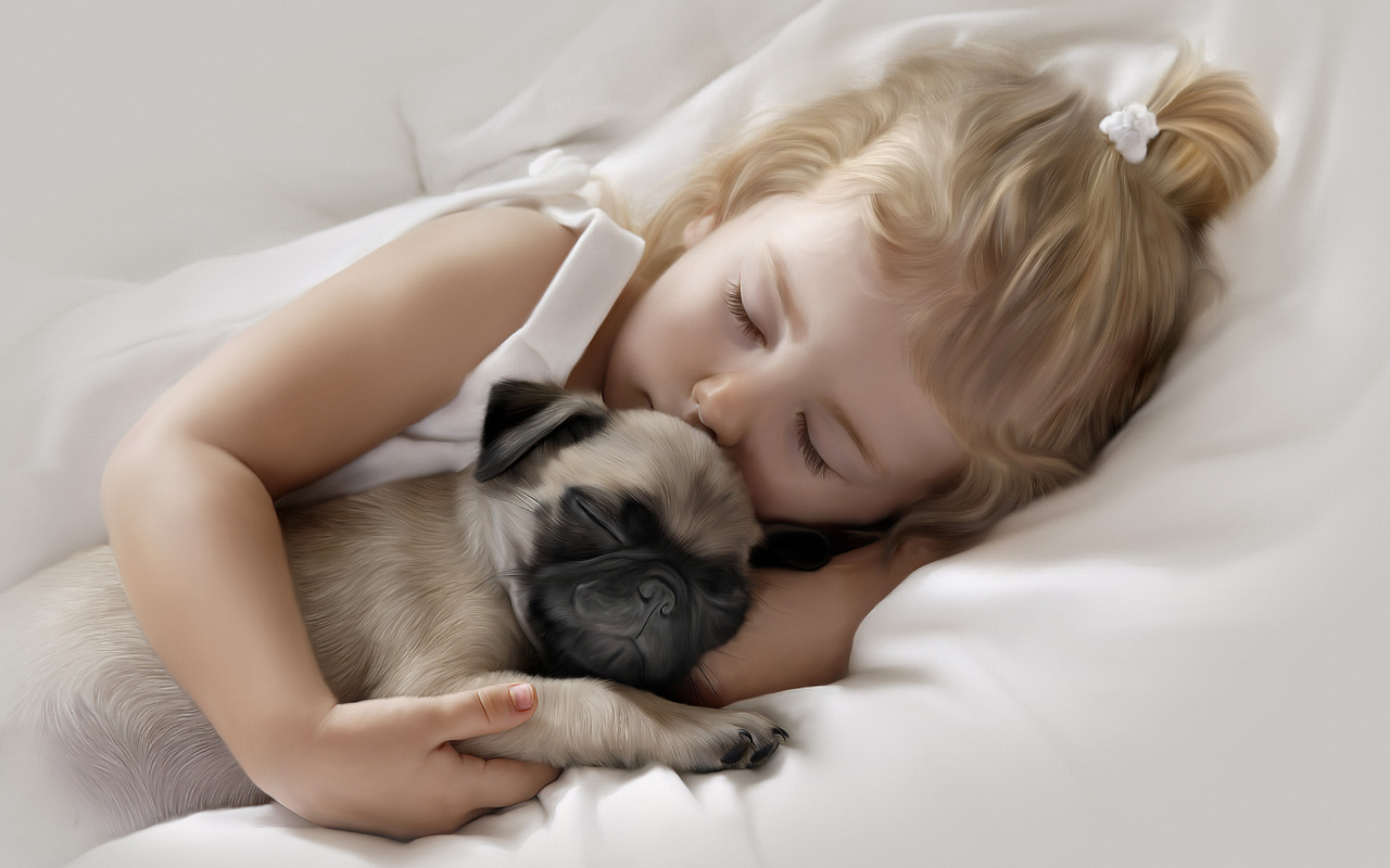 Adorable Little Girl Sleeping with Pug Puppy Wallpaper In 1280x800 Resolution