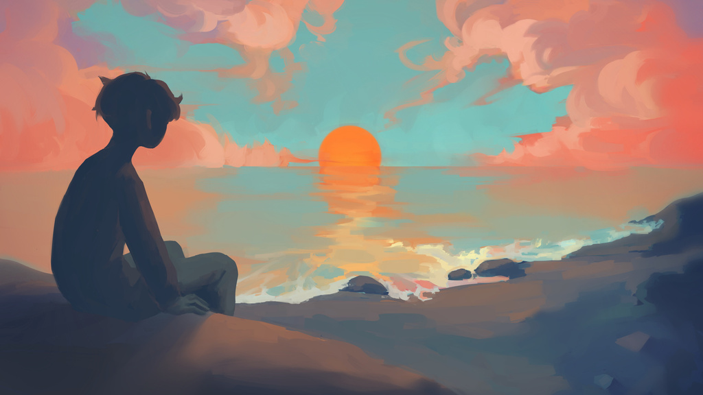 1024x576 Anime Boy Sitting Watching Sunset 1024x576 Resolution HD 4k ...