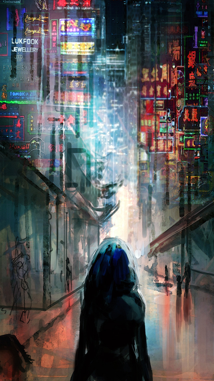 750x1334 Anime Cyberpunk Scifi City Lights Night Buildings