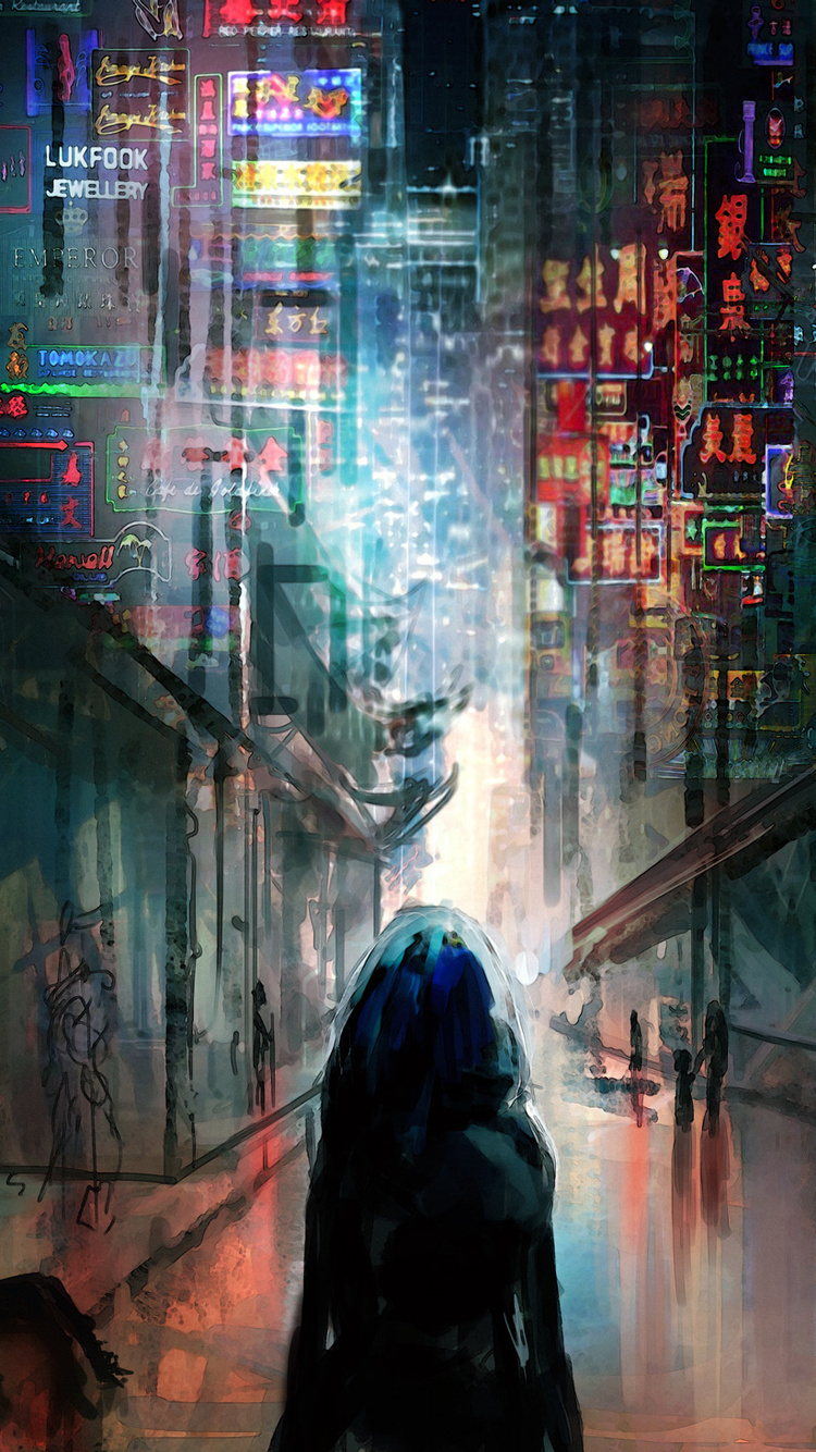 750x1334 Anime Cyberpunk Scifi City Lights Night Buildings