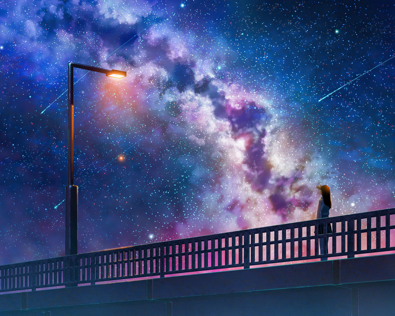 1280x1024 Anime Girl Alone At Bridge Watching The Galaxy Full Of Stars ...