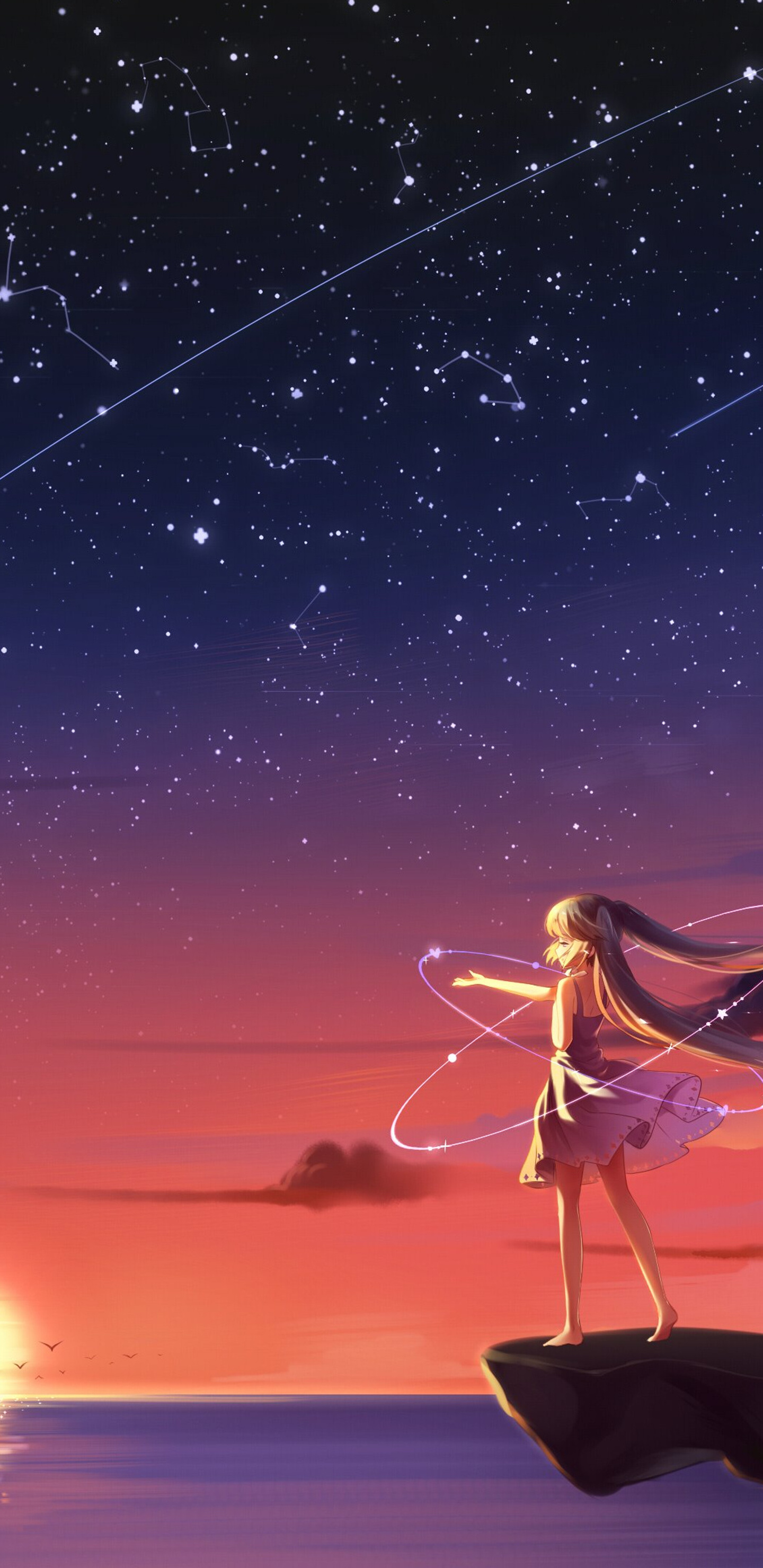 1440x2960 Anime Girl Barefoot Blonde Sky Stars Sunset 4k Samsung