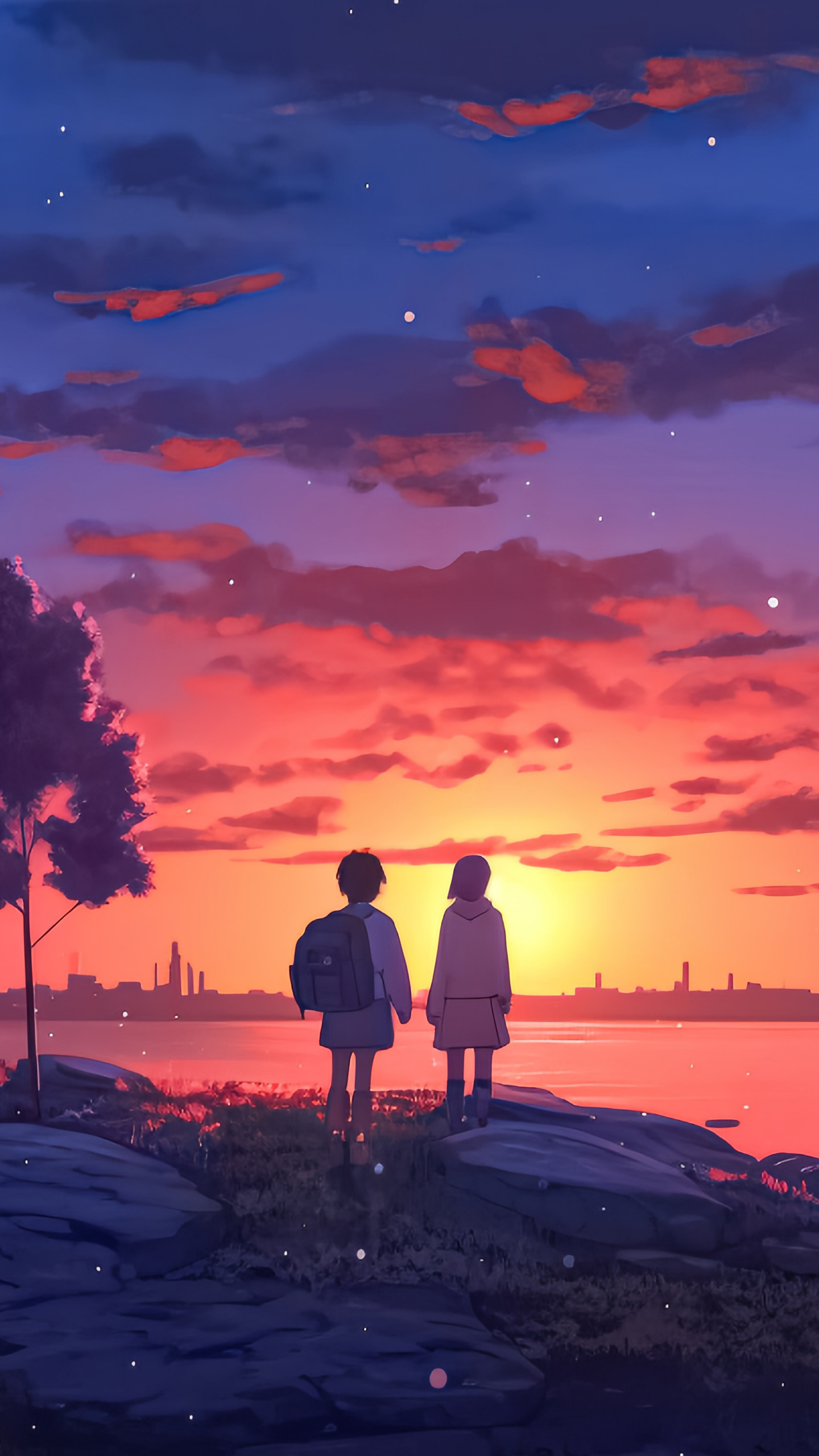 1440x2560-anime-girl-boy-sunset-at-lake-5k-samsung-galaxy-s6-s7-google