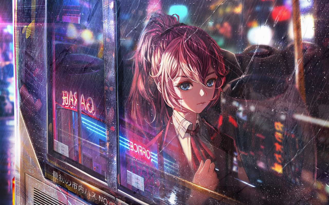 1280x800 Anime Girl Bus Window Neon City 4k 7p Hd 4k Wallpapers Images Backgrounds Photos And Pictures