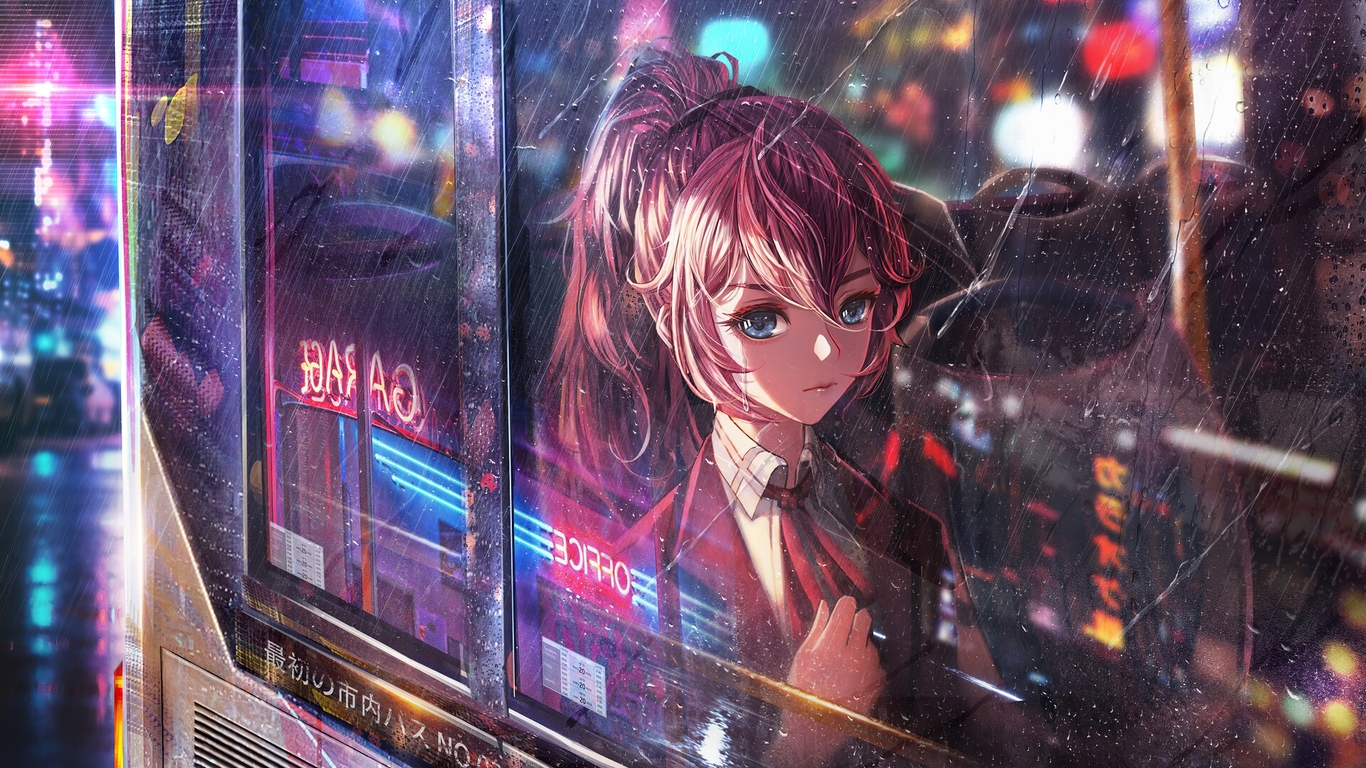 1366x768 Anime Girl Bus Window Neon City 4k 1366x768 Resolution Hd