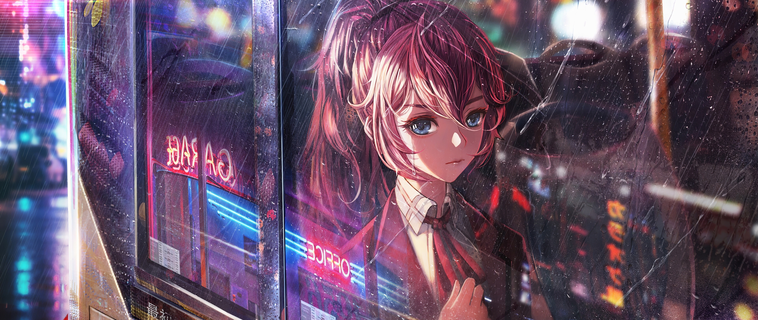 2560x1080 Anime Girl Bus Window Neon City 4k 2560x1080 Resolution