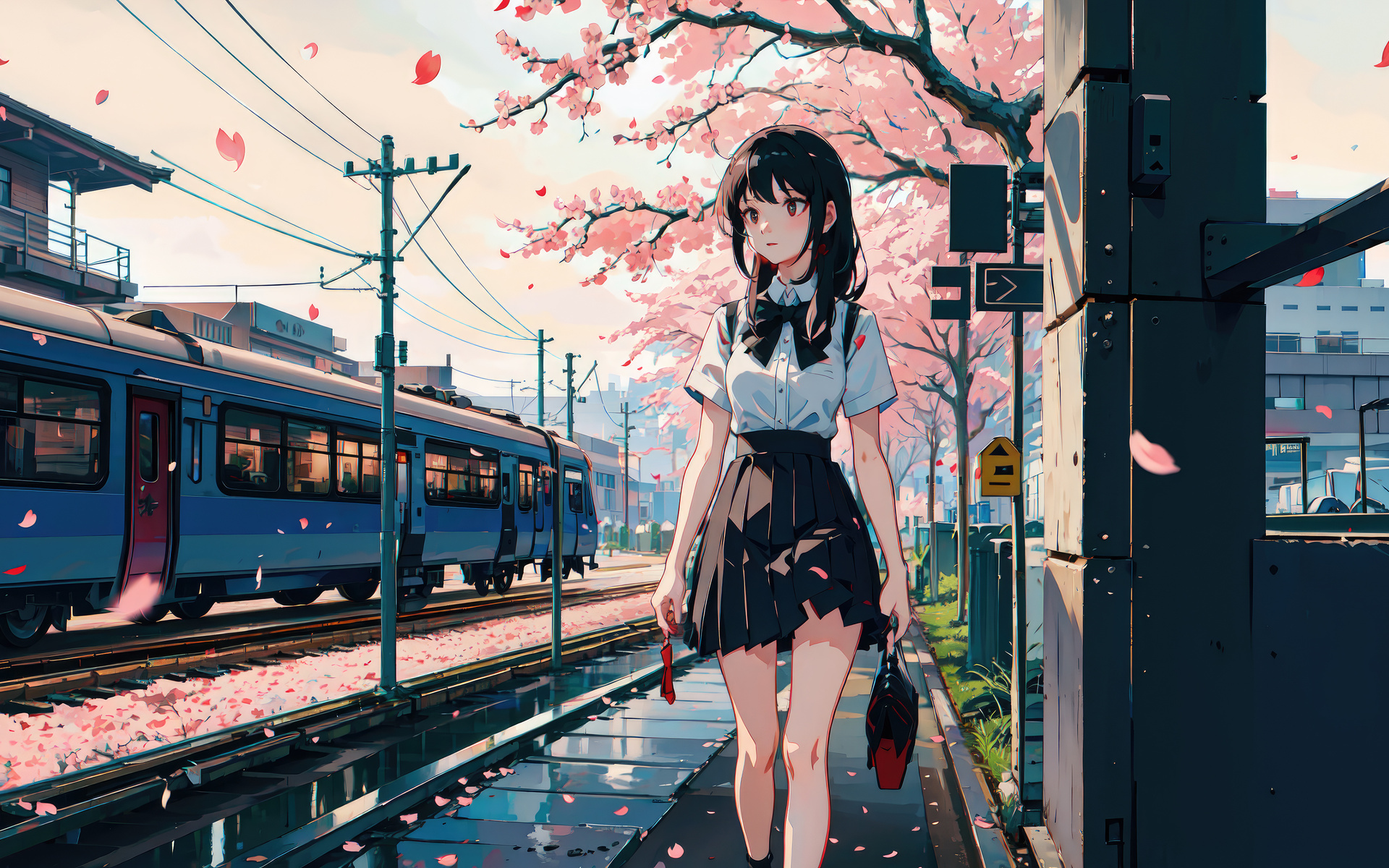 1920x1200 Anime Girl Cherry Blossom Train Looking Away 4k 1080P ...