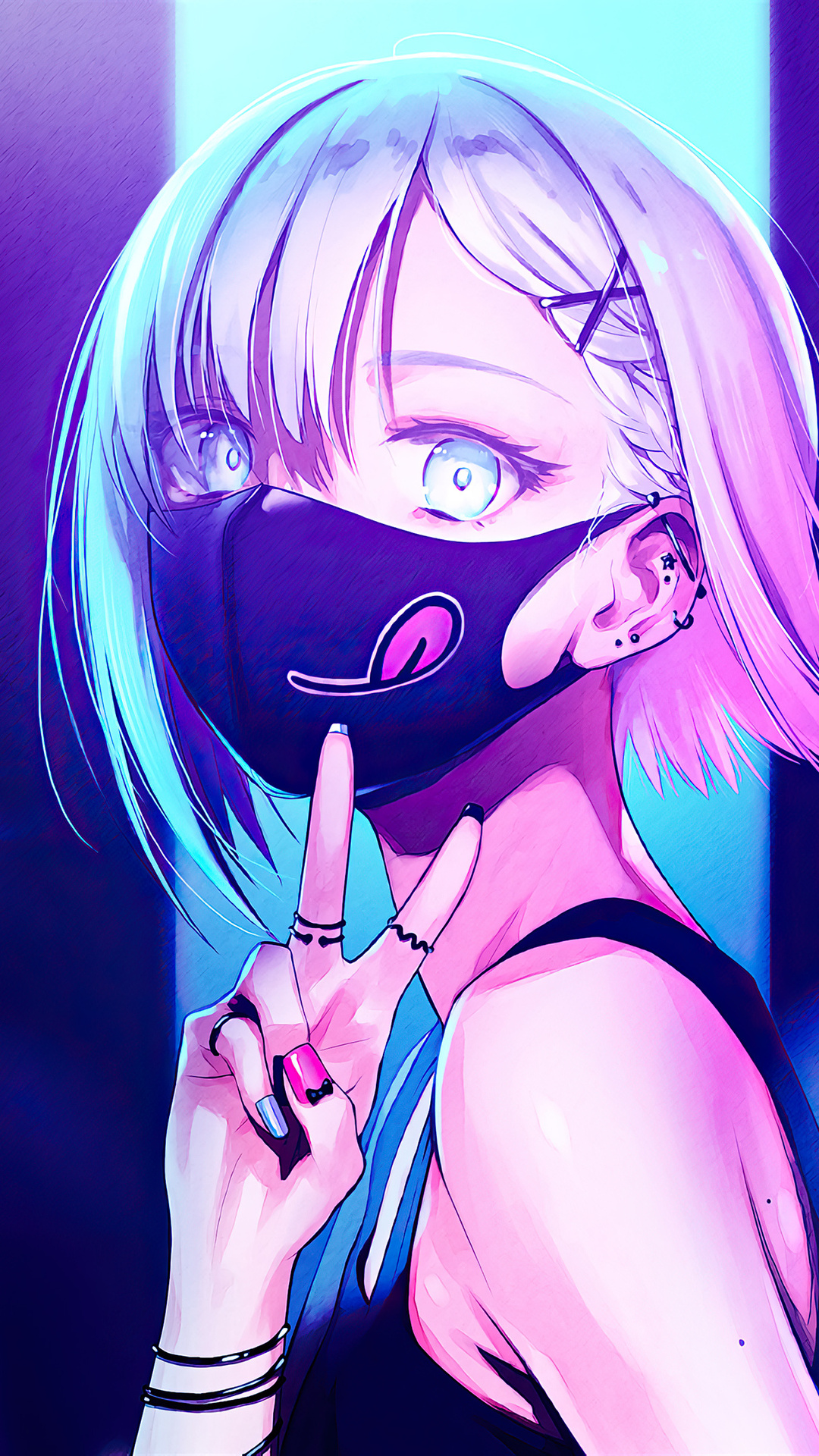 1080x1920 Anime Girl City Lights Neon Face Mask 4k Iphone 7,6s,6 Plus