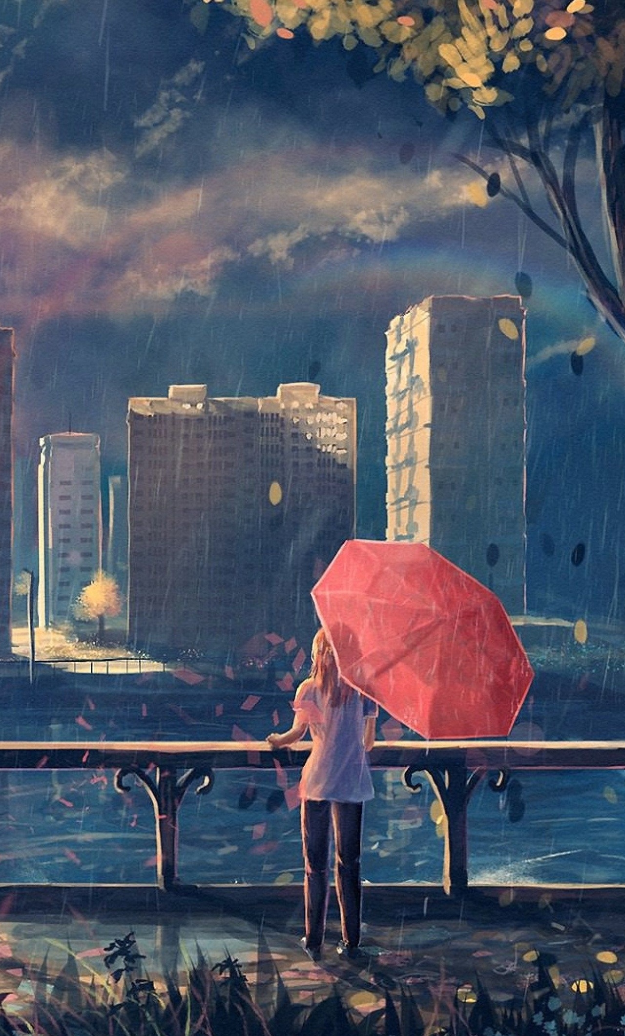 1280x2120 Anime Girl Cityscape Umbrella Trees iPhone 6+ HD 4k ...