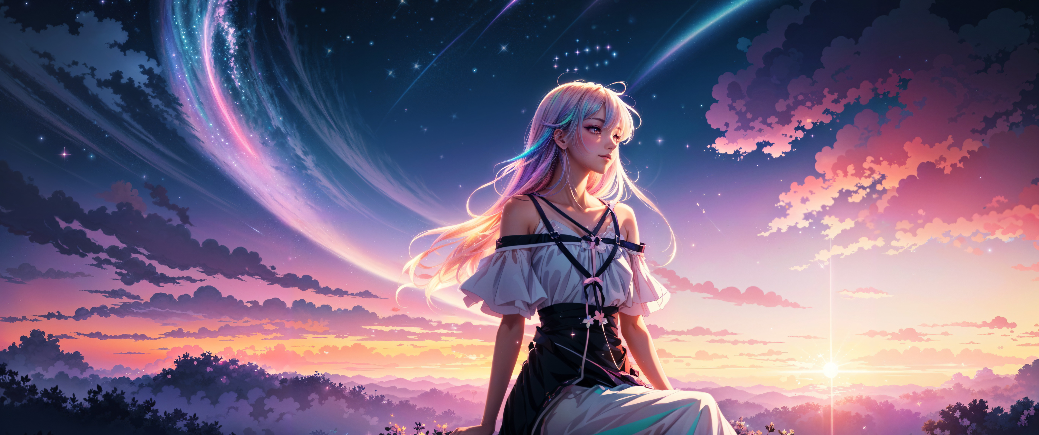 3440x1440 Anime Girl Dreamy When The Sky Touches The Nightfall ...