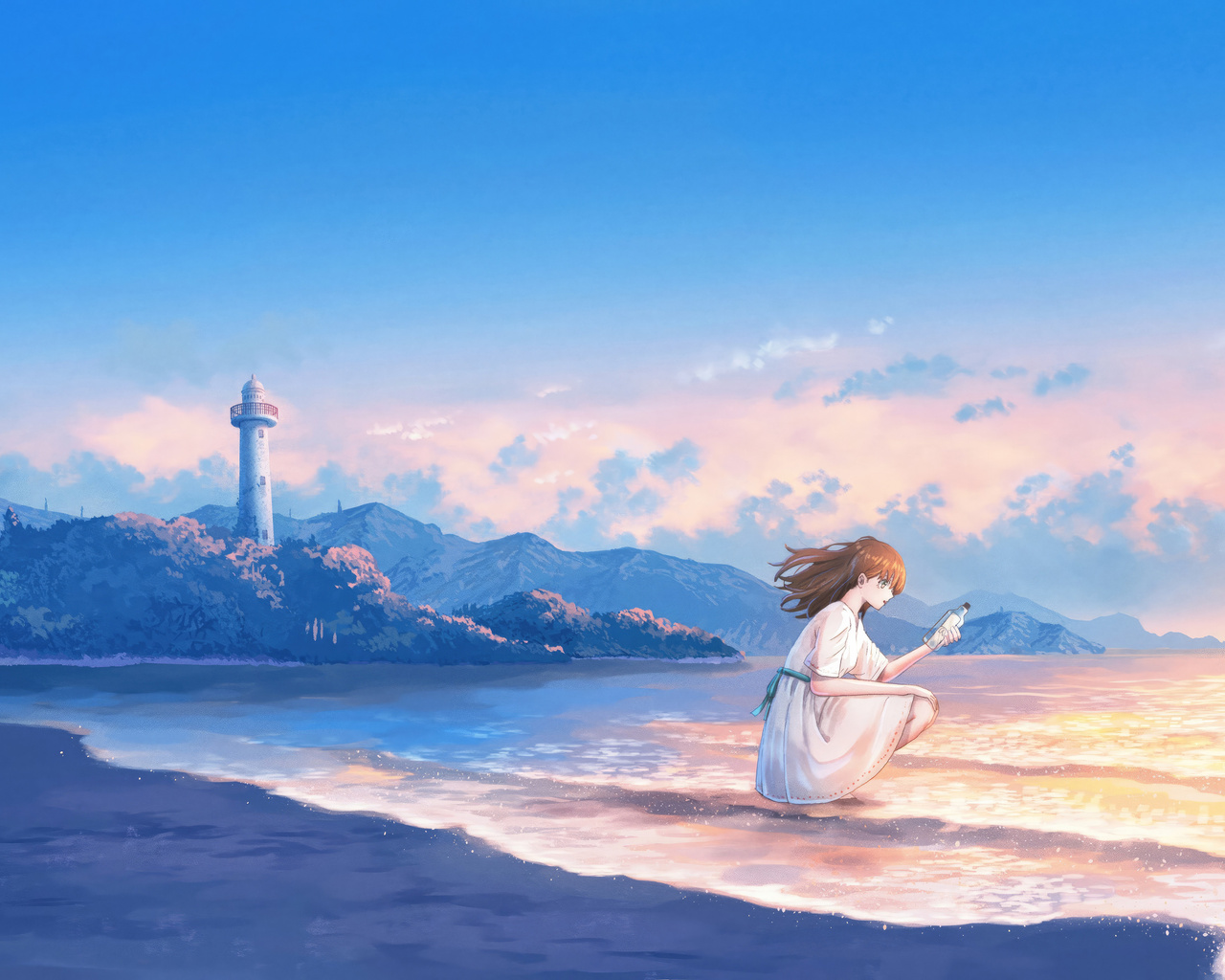 1280x1024 Anime Girl Evening Beach Crescent Moon Wallpaper,1280x1024 ...