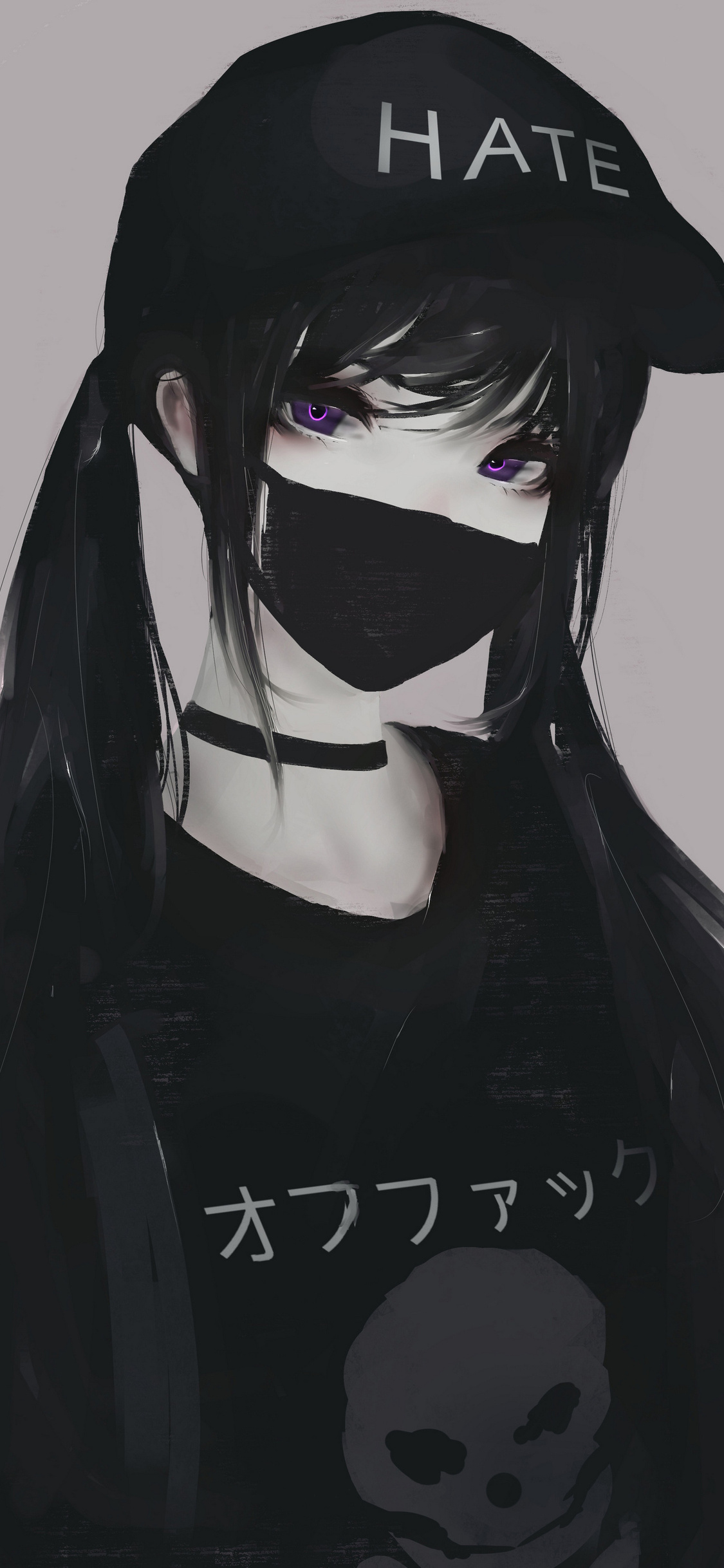 1125x2436 Anime Girl Face Mask Purple Eyes Twintails Hate 5k