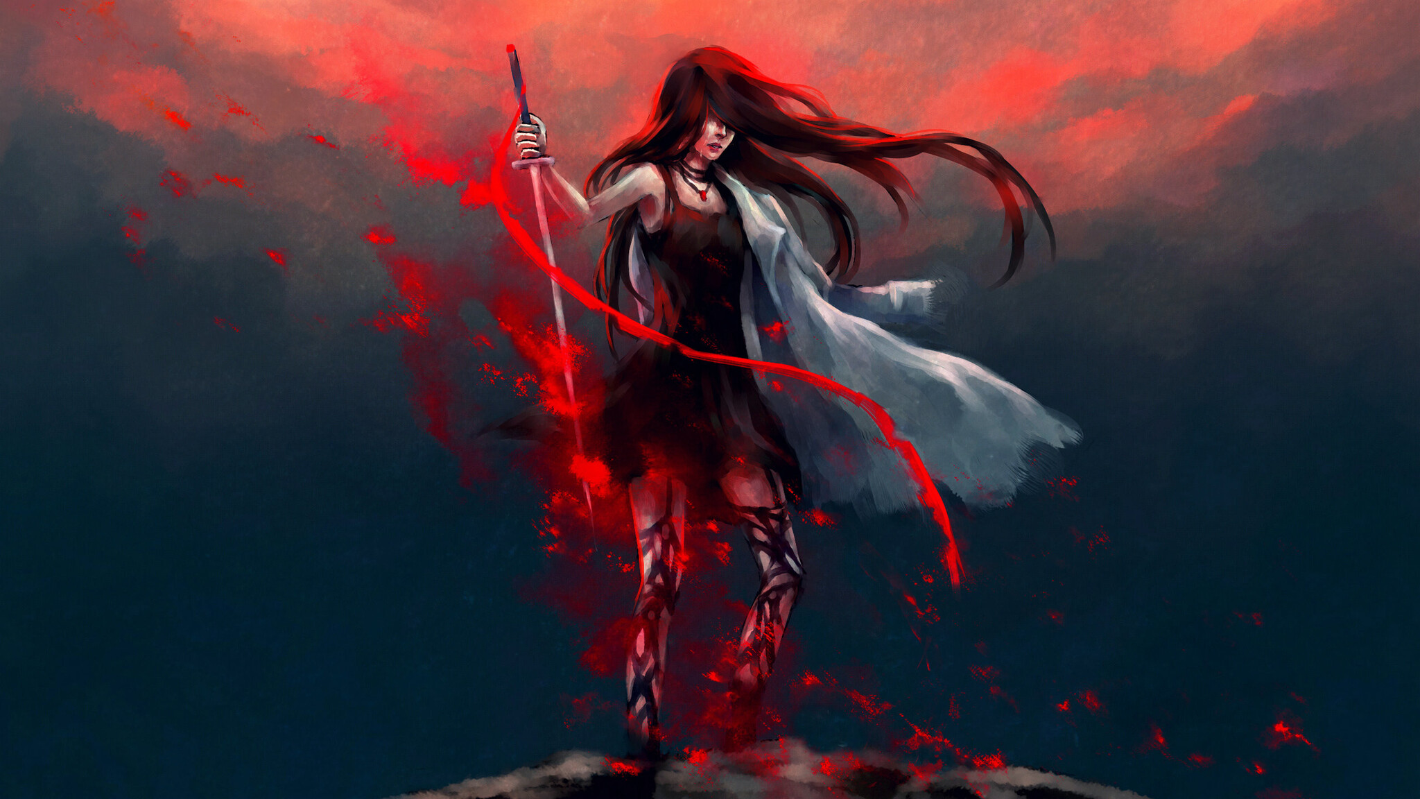 2048x1152 Anime Girl Katana Warrior With Sword 2048x1152