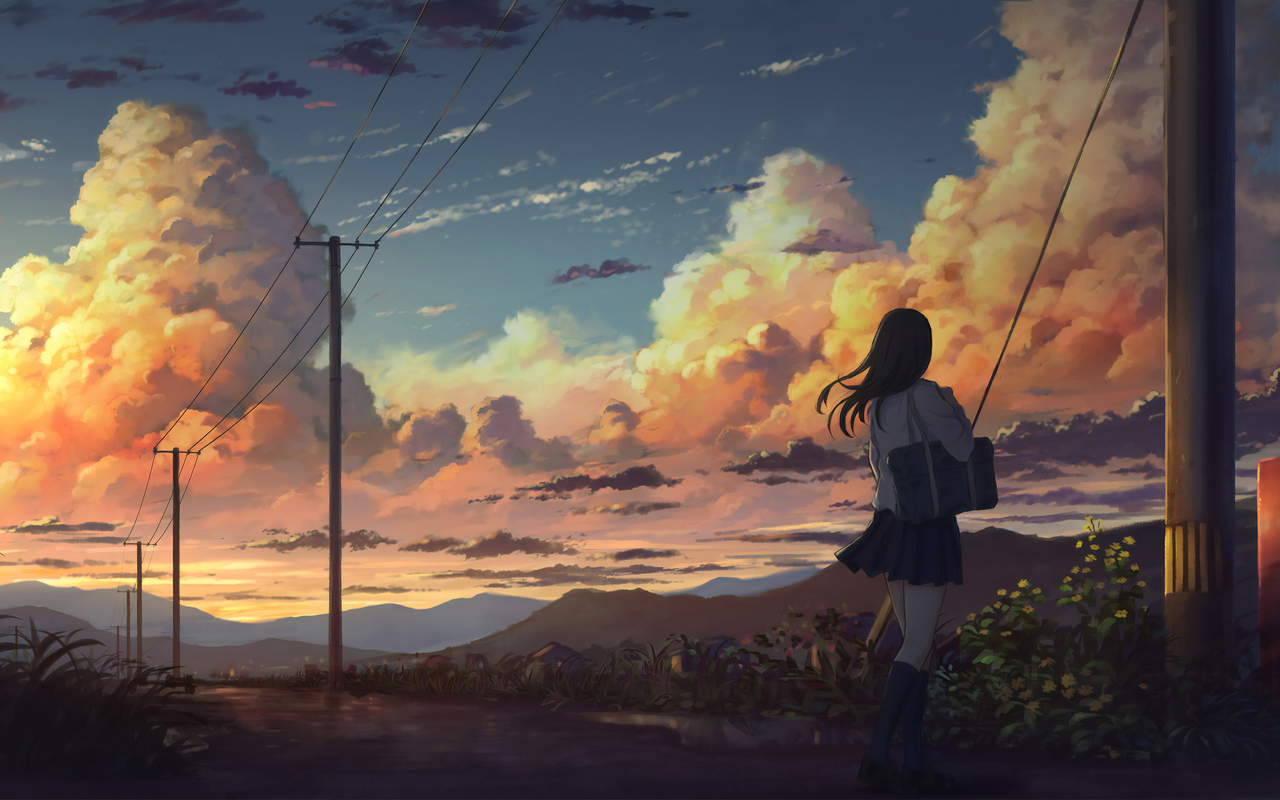 1280x800 Anime Girl Outside Power Lines Clouds 4k 7p Hd 4k Wallpapers Images Backgrounds Photos And Pictures