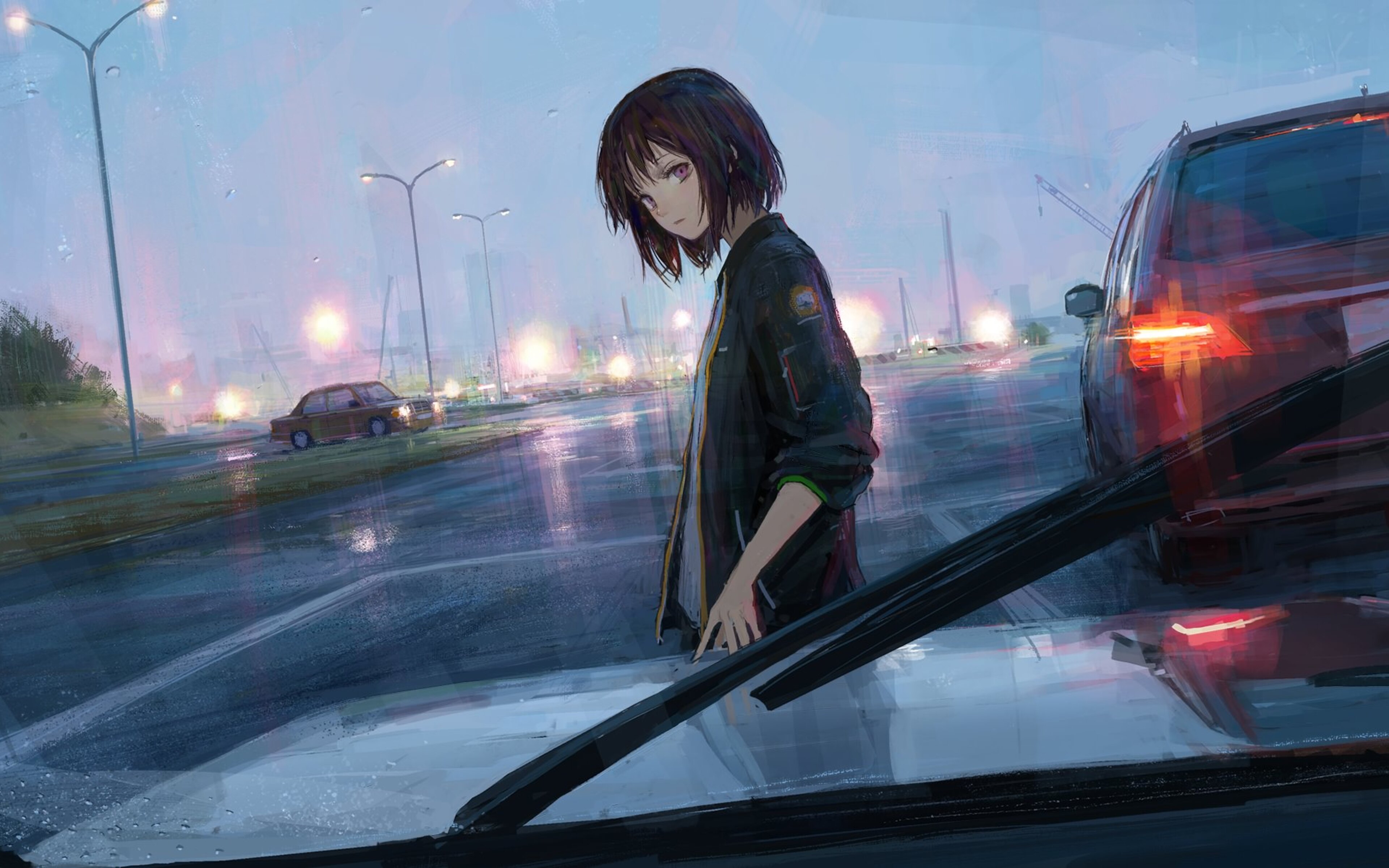 Anime Girl Passing By Looking At Car Driver In 3840x2400 Resolution. anime-...