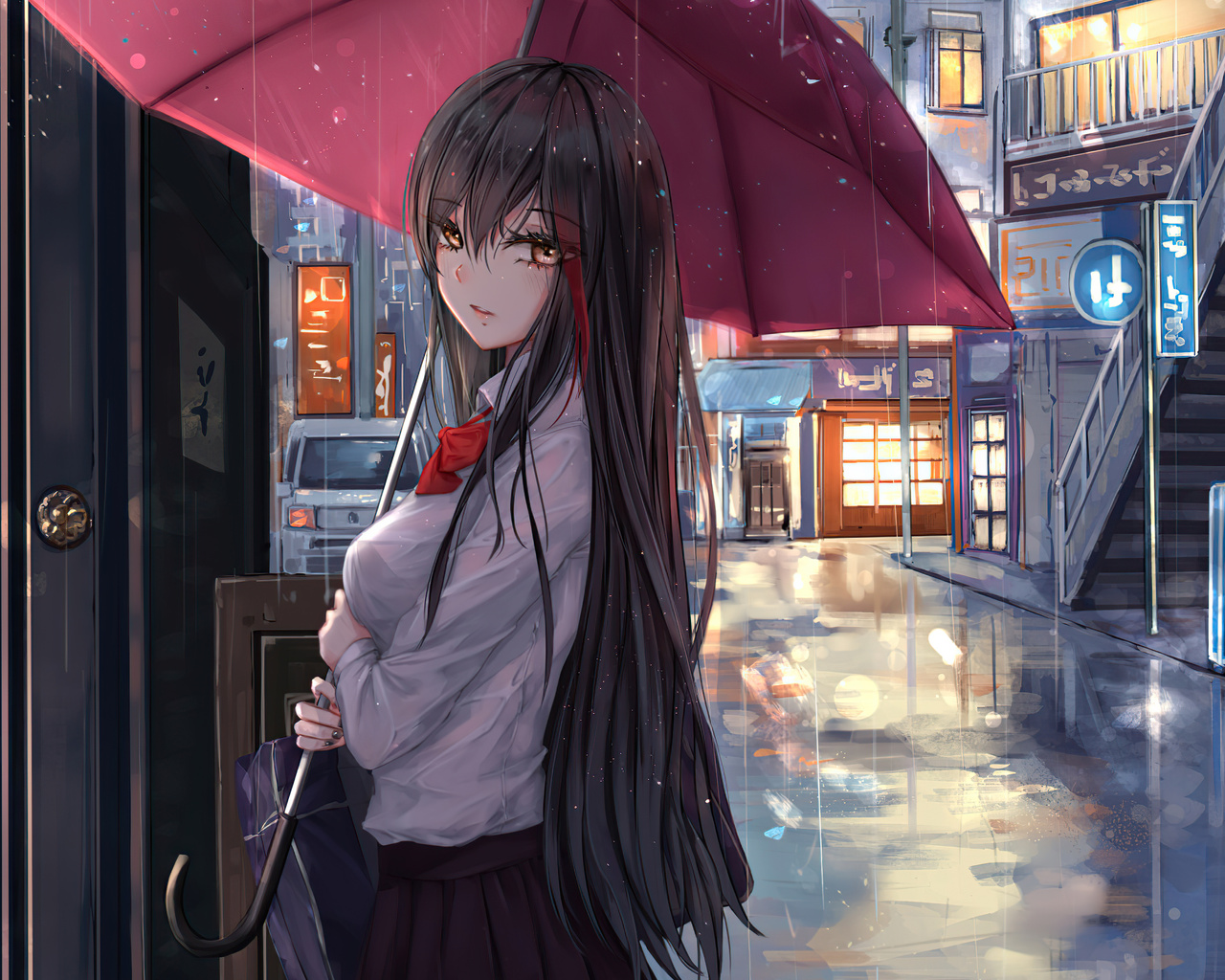 1280x1024 Anime Girl Rain Umbrella Looking At Viewer Wallpaper ...