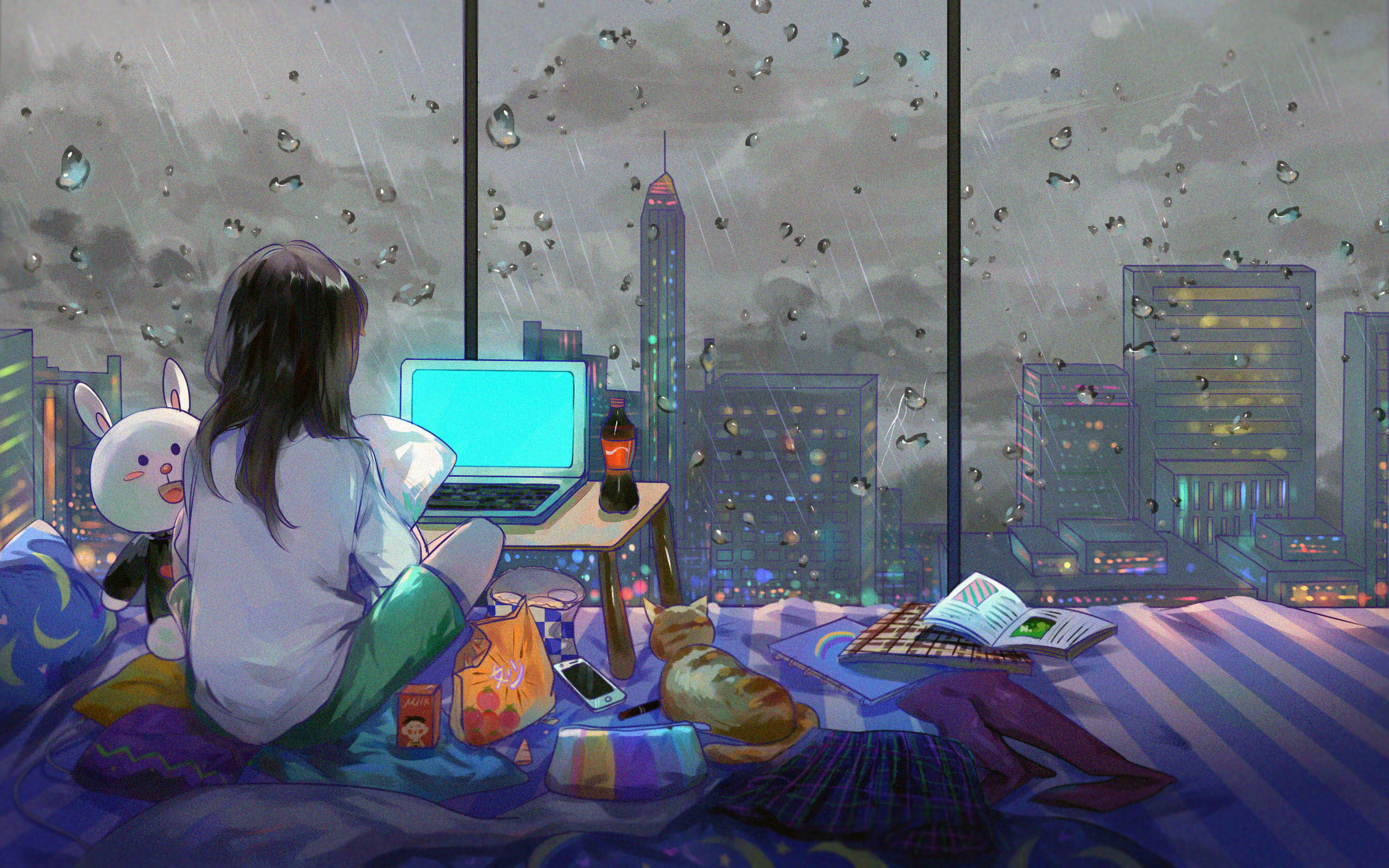 2880x1800 Anime Girl Sitting On The Top And Watching The City Site Macbook  Pro Retina ,HD 4k Wallpapers,Images,Backgrounds,Photos and Pictures