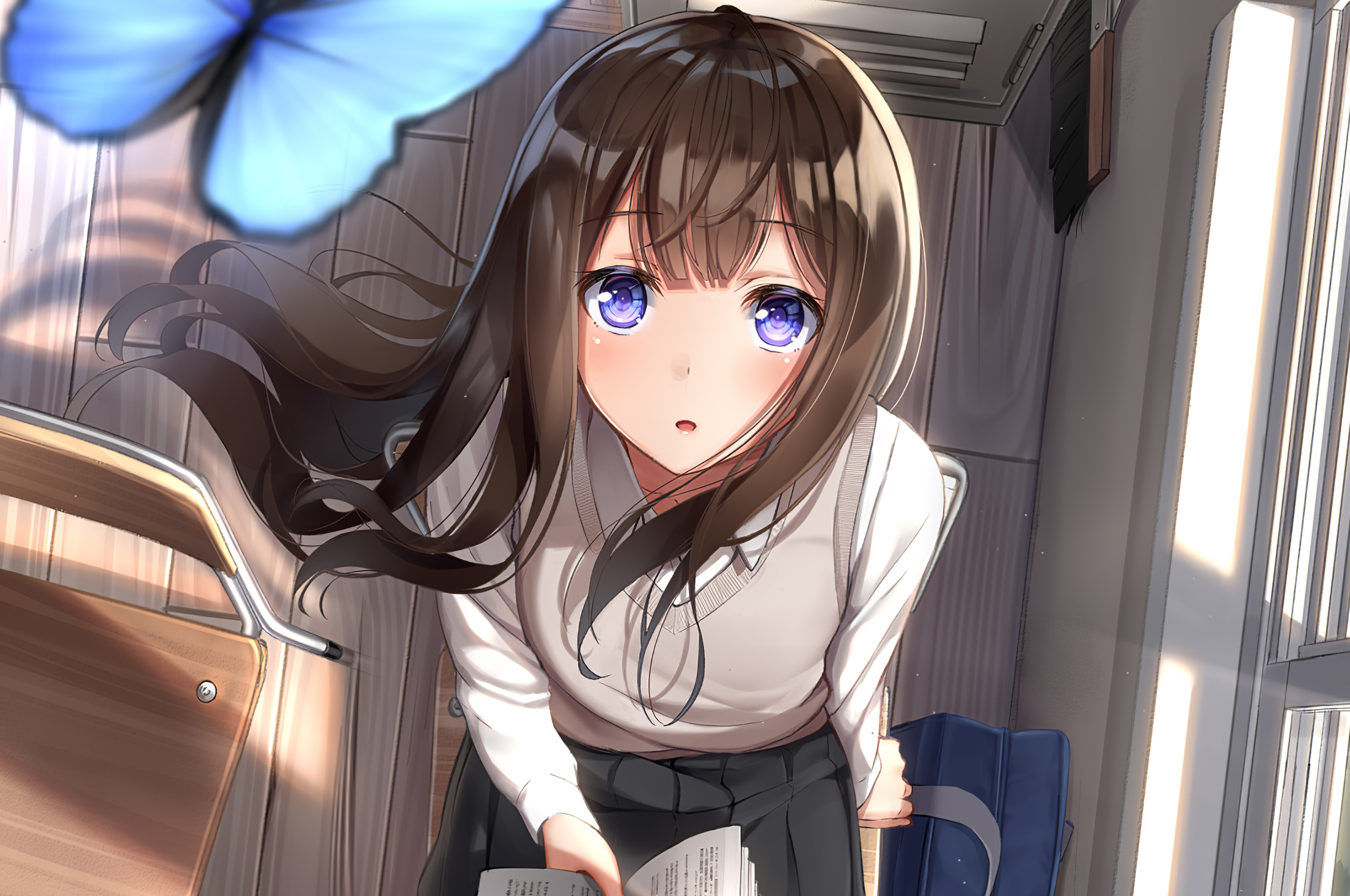 2560x1700 Anime Girl School Looking Upward Butterfly 4k Chromebook