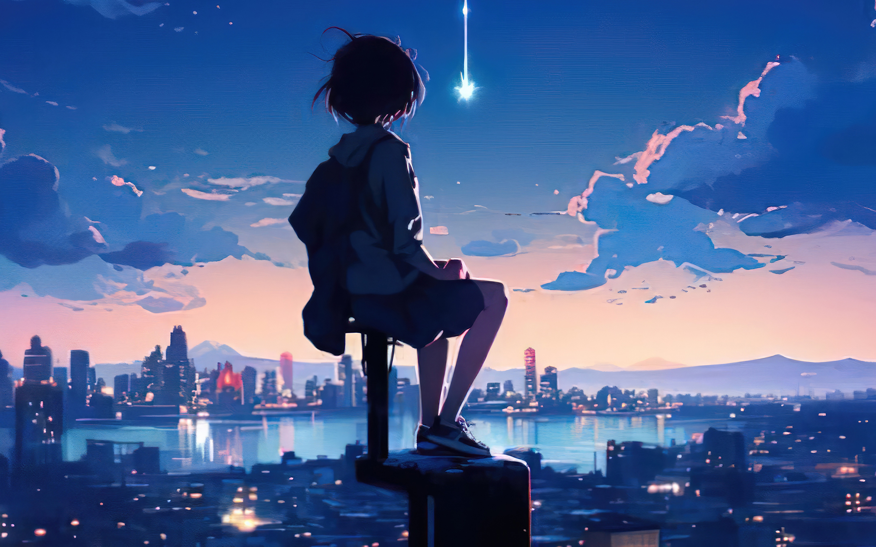 2880x1800 Anime Girl Sitting On The Top And Watching The City Site Macbook  Pro Retina ,HD 4k Wallpapers,Images,Backgrounds,Photos and Pictures