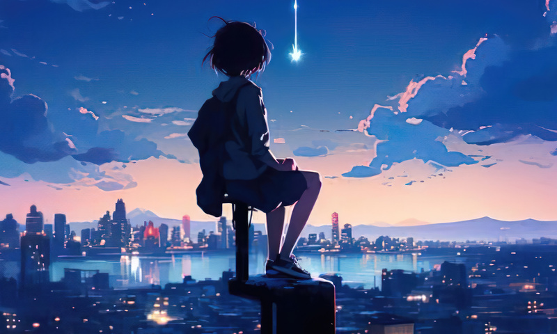 800x480 Anime Girl Sitting On The Top And Watching The City Site ...