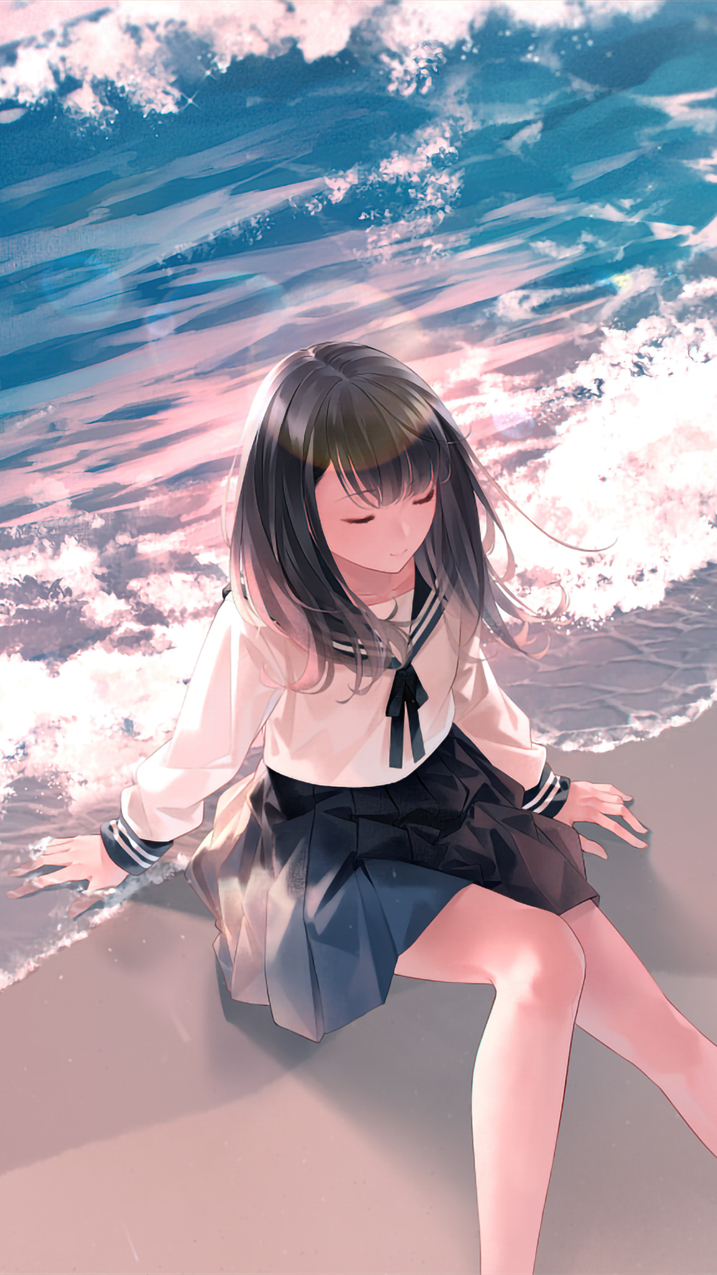 1440x2560 Anime Girl Sitting Waves School Uniform 4k Samsung Galaxy S6,S7  ,Google Pixel XL ,Nexus 6,6P ,LG G5 HD 4k Wallpapers, Images, Backgrounds,  Photos and Pictures
