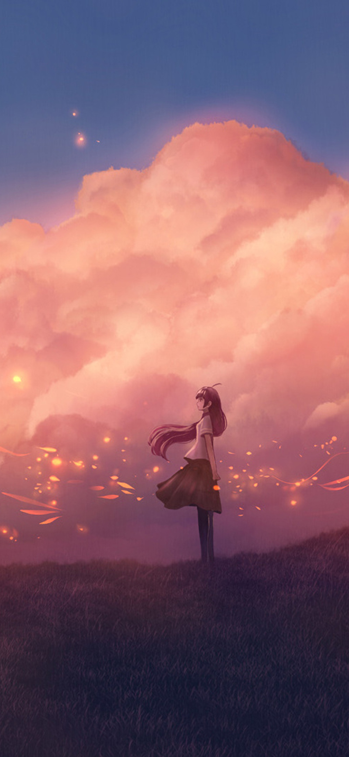 Anime Girl Alone Clouds Sky Scenery Art 4K Wallpaper iPhone HD Phone #7391l