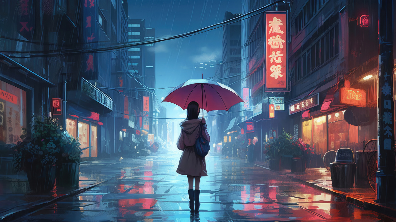 1366x768 Anime Girl Walking In Rain Umbrella 5k Laptop Hd Hd 4k