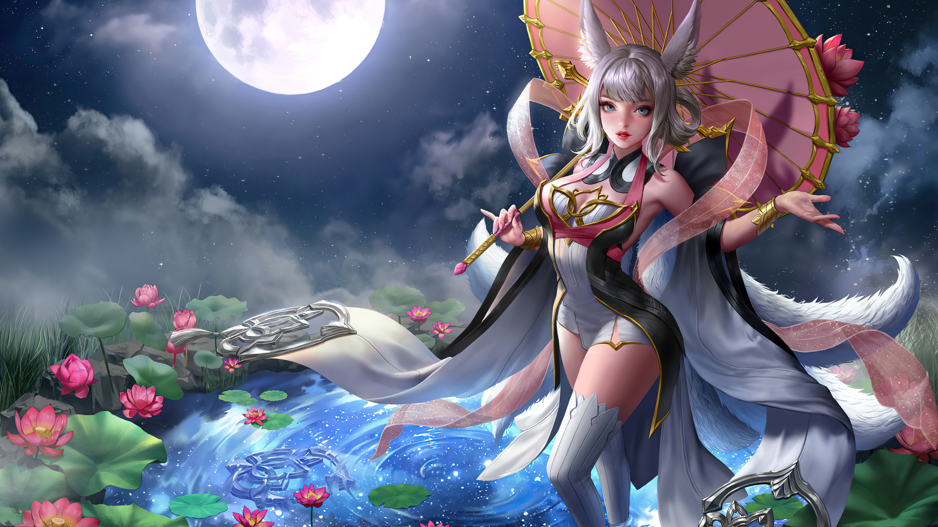 1920x1080 Anime Girl Water Lilies Moon 4k Laptop Full HD ...