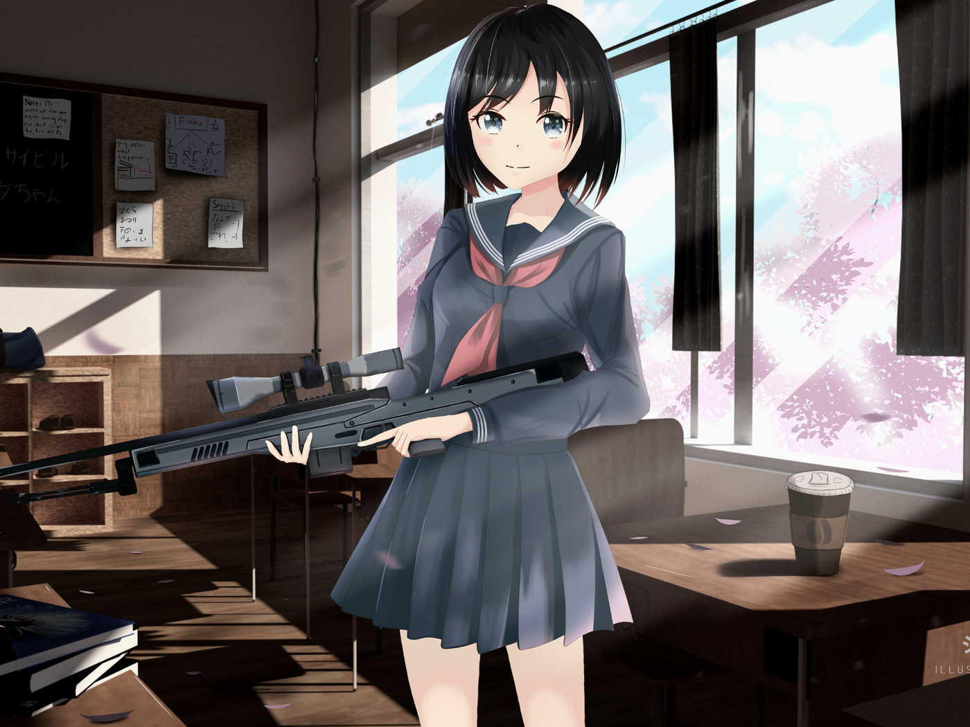 1400x1050 Anime Girl With Gun In School Wallpaper,1400x1050 Resolution