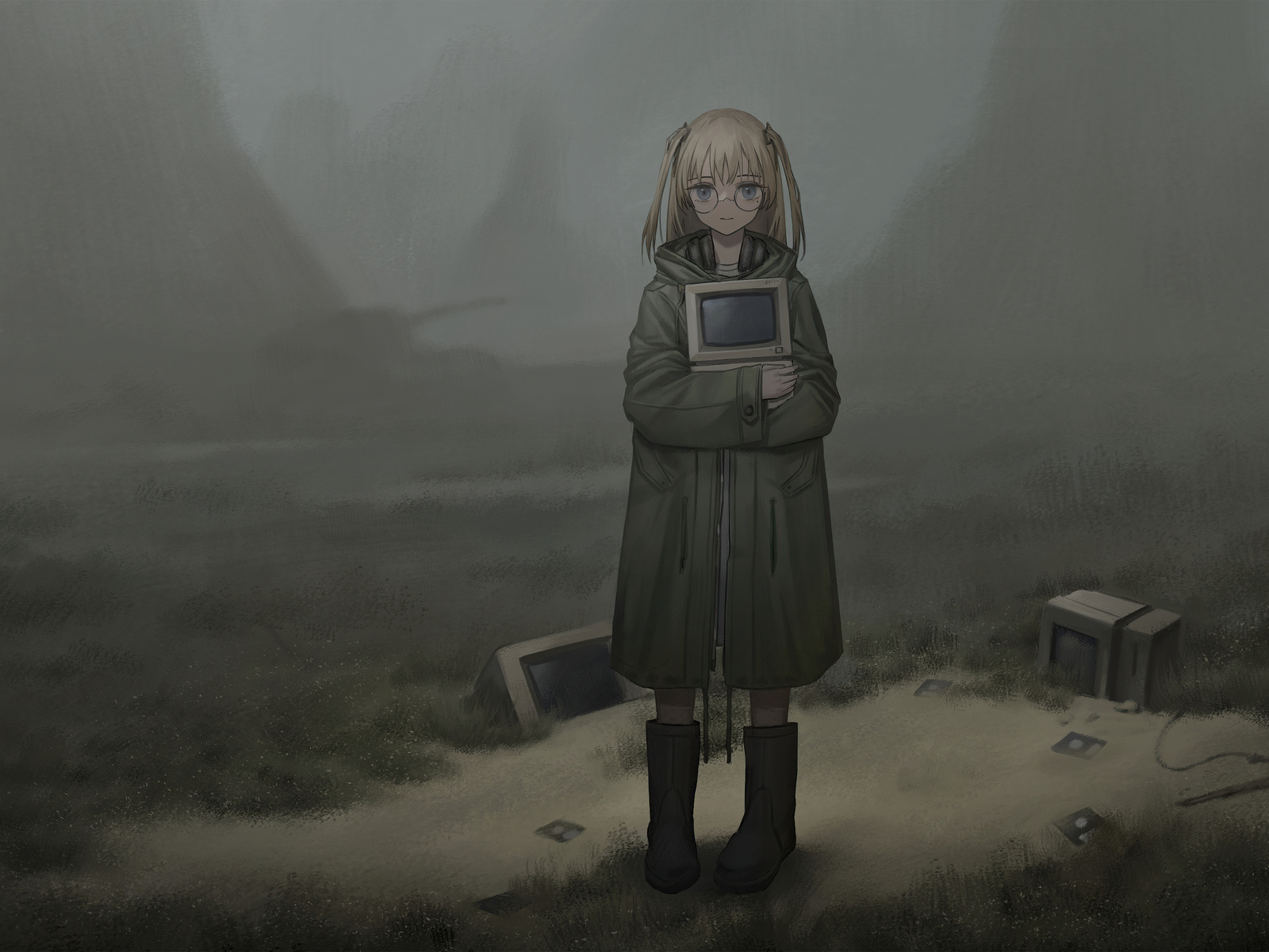 1600x1200 Anime Girl With Old Computer Desktop Walking 5k Wallpaper