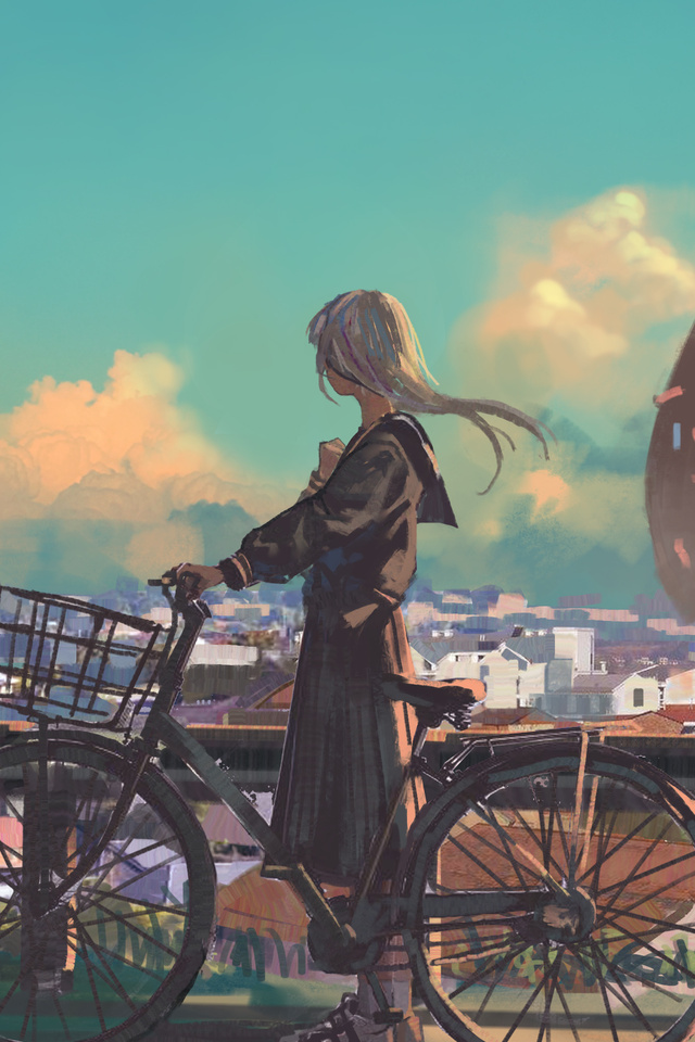 640x960 Anime Original Bike City Long Hair Artwork iPhone 4, iPhone 4S ...