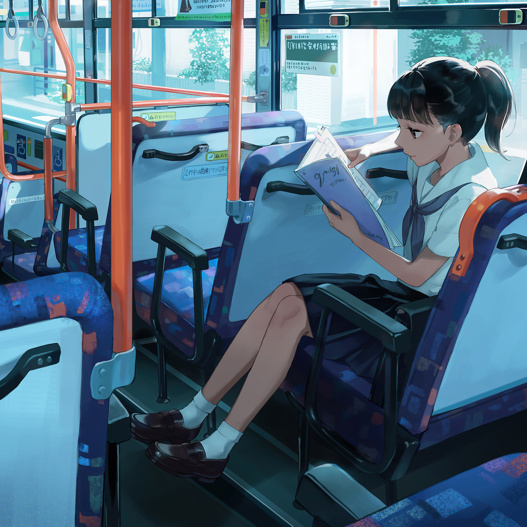 1024x1024 Anime School Girl Bus Reading Book 5k 1024x1024 Resolution HD ...