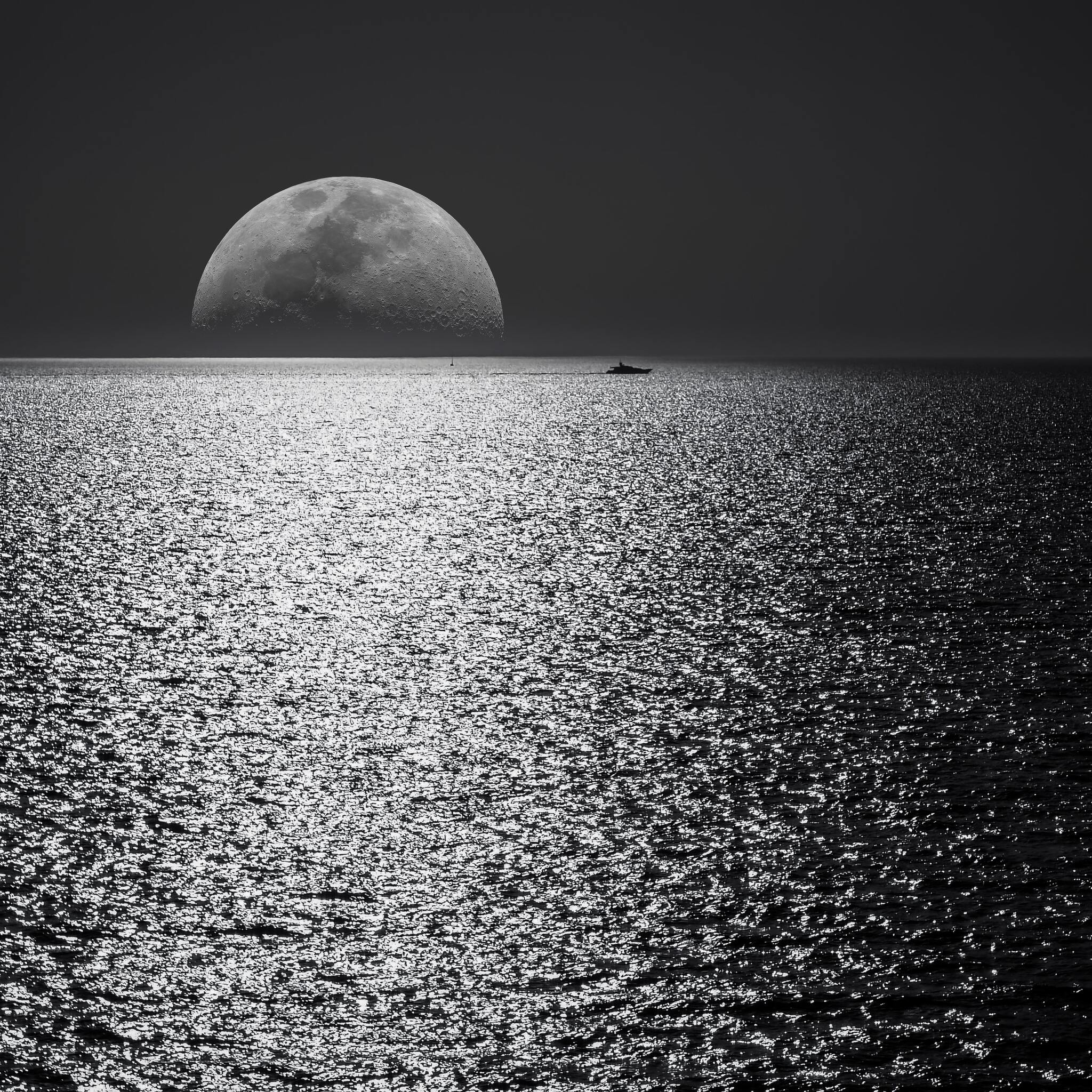 2048x2048 Black And White Moon Ocean During Night Time Ipad Air HD 4k