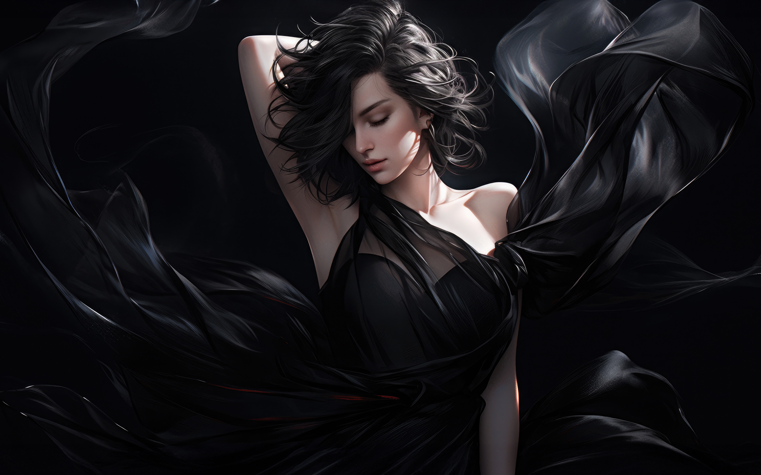 Black Haired Beauty In A Silken Dress Wallpaper In 2880x1800 Resolution