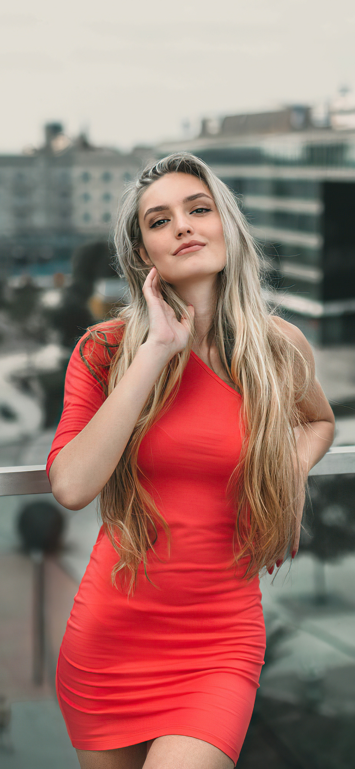 1242x2688 Blonde Girl In Red Dress Smiling 4k Iphone Xs Max Hd 4k