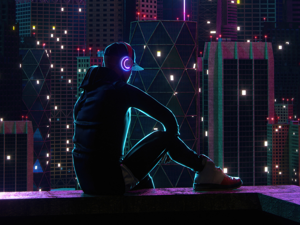 1024x768 Boy Sitting On Rooftop Neon Lights 5k 1024x768 Resolution HD ...
