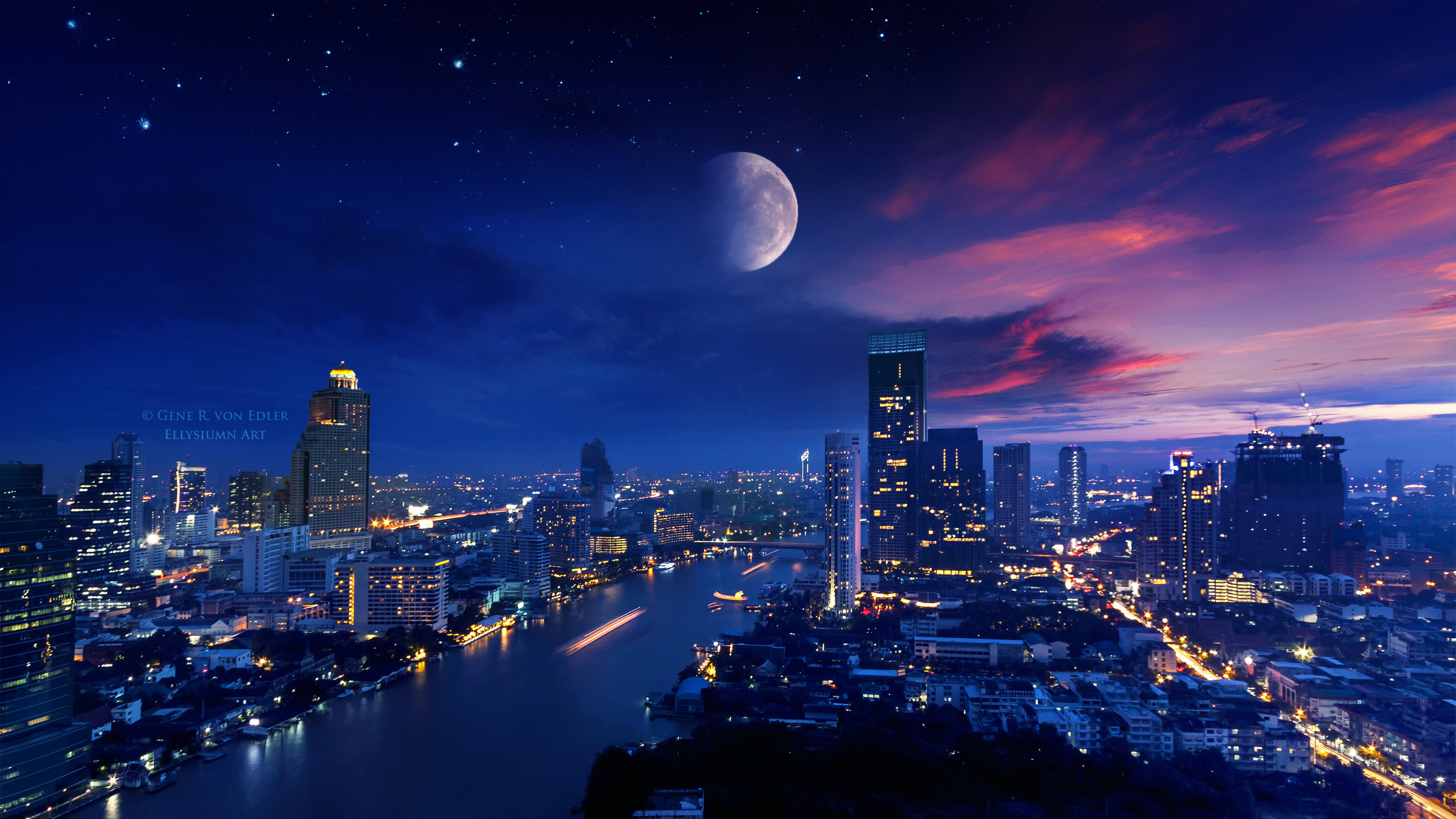 2560x1440 City Lights Moon Vibrant 4k 1440p Resolution Hd 4k Wallpapers Images Backgrounds Photos And Pictures