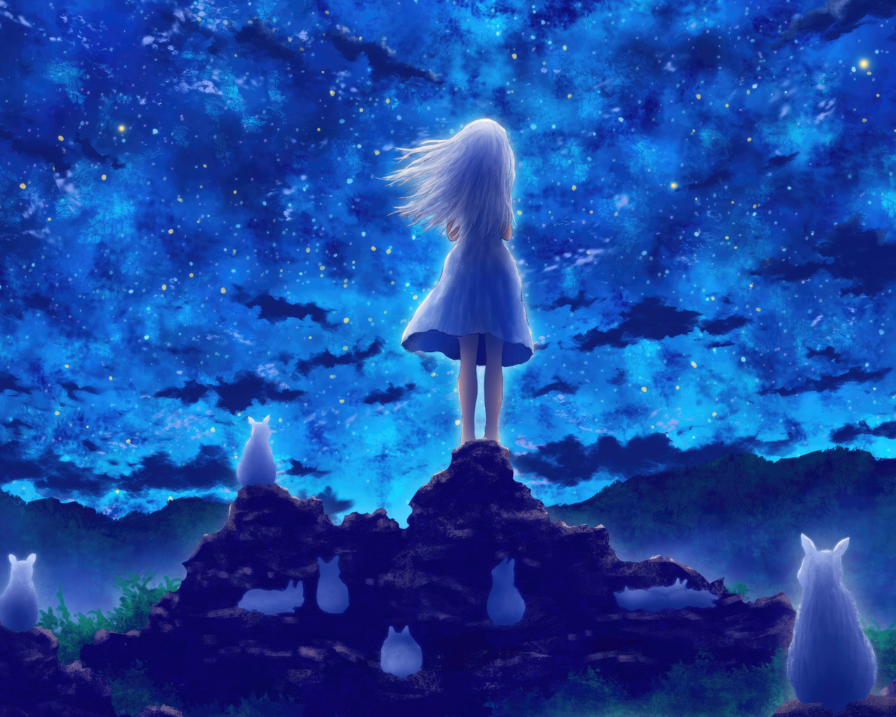 1280x1024 Cosmic Watch Girl Moon And Rabbit Companions Wallpaper ...