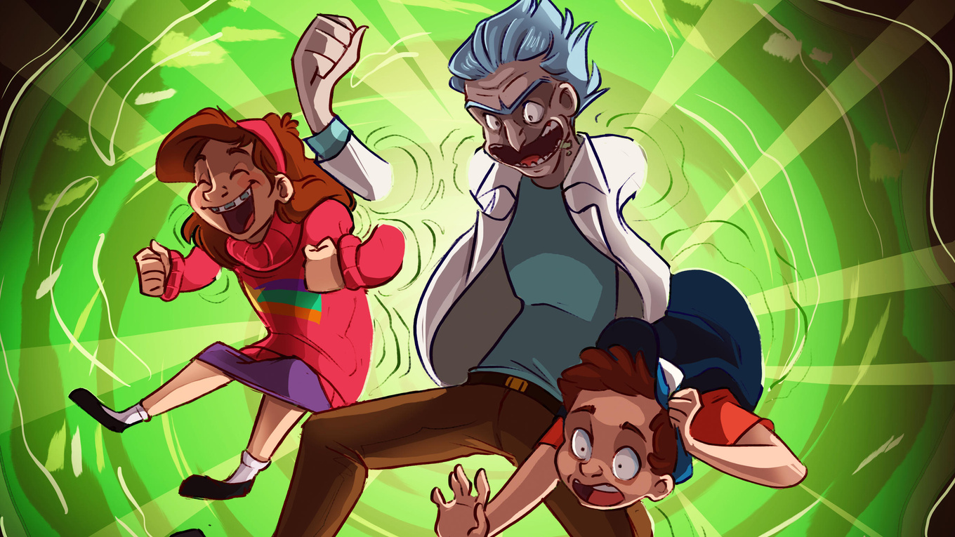 1360x765 Crossover Rick And Morty Gravity Falls 1360x765 Resolution HD ...