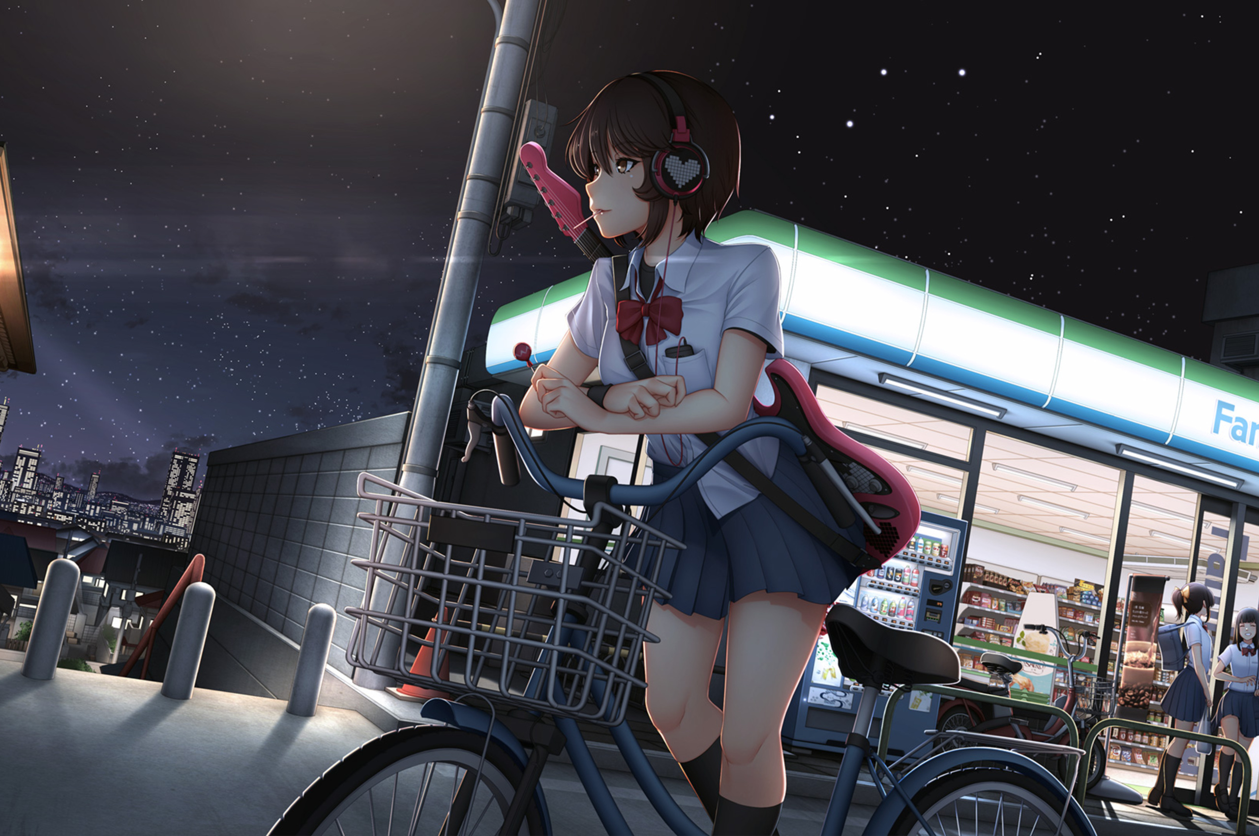 2560x1700 Cute Anime Girl With Bicycle Listening Music On