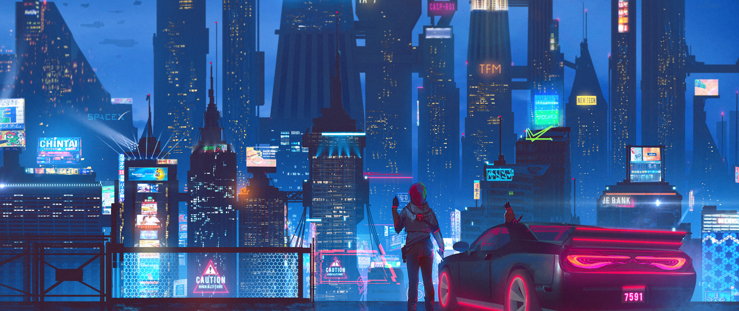 Cybeprunk City Science Fiction Car Ride Night Glow In 2560x1080 Resolution....