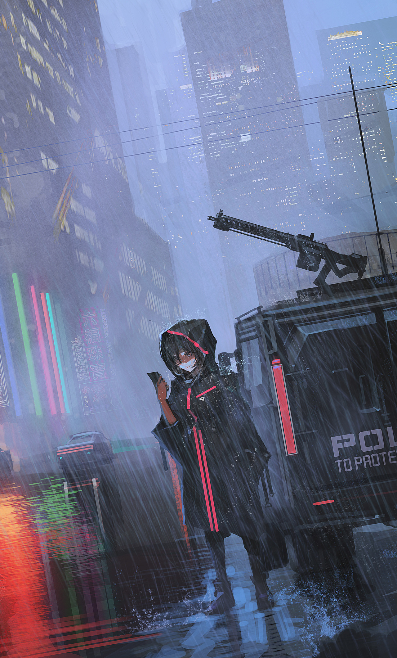 Anime, anime girls, cyberpunk, rain, standing, HD phone wallpaper