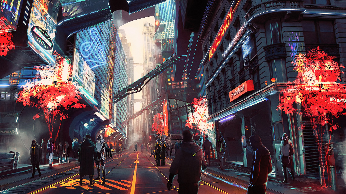 Download wallpaper 1366x768 cyberpunk, dark, cityscape, buildings, art,  tablet, laptop, 1366x768 hd background, 16538