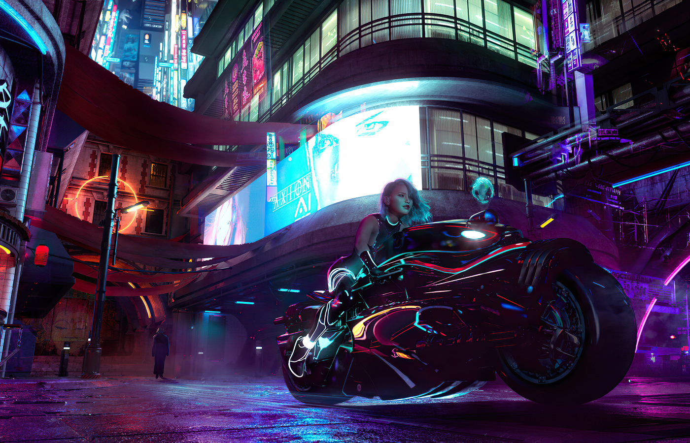 1400x900 Cyberpunk City Girl With Bike 4k Wallpaper,1400x900 Resolution 