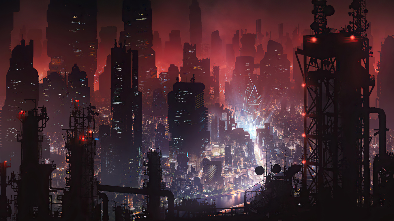 Download wallpaper 1366x768 cyberpunk, city, buildings, art, tablet,  laptop, 1366x768 hd background, 25488