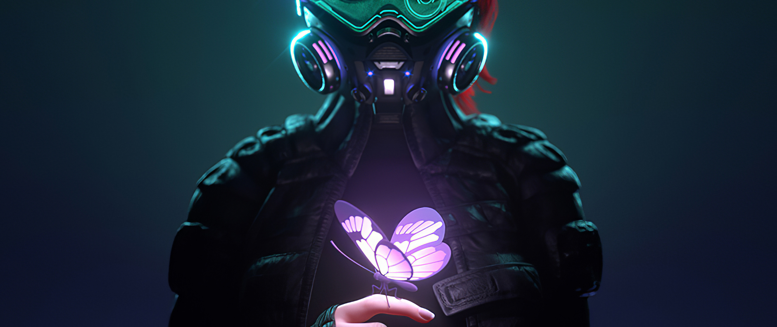 2560x1080 Cyberpunk Girl In A Gas Mask Looking At The Glowing Butterfly ...